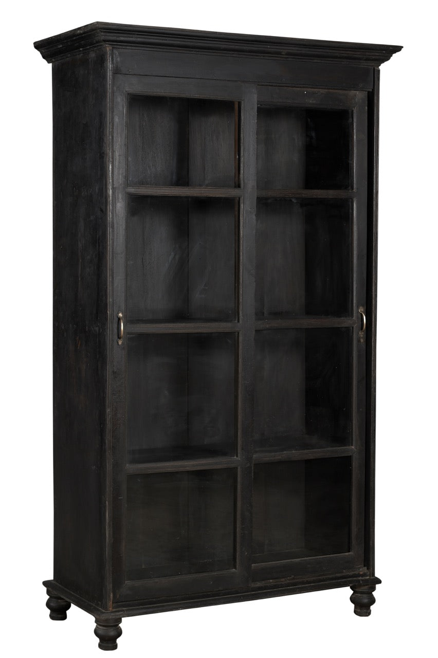 A vintage teak wood glass cabinet with black and brown tones, featuring sliding doors and a timeless design.