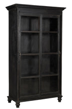 A vintage teak wood glass cabinet with black and brown tones, featuring sliding doors and a timeless design.