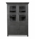 A vintage teak and glass display cabinet with black finish, featuring glass panelled upper doors and teak lower doors with an iron latch.