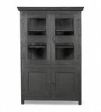 A vintage teak and glass display cabinet with black finish, featuring glass panelled upper doors and teak lower doors with an iron latch.