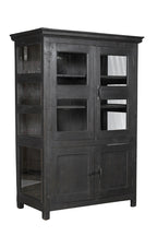 A vintage teak and glass display cabinet with black finish, featuring glass panelled upper doors and teak lower doors with an iron latch.
