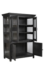 A vintage teak and glass display cabinet with black finish, featuring glass panelled upper doors and teak lower doors with an iron latch.