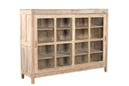 A vintage teak wood glass display cabinet with two doors and a flat top, featuring a warm brown finish