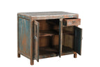 A vintage teak wood cabinet with glass panels on the doors and a painted terracotta red, deep blue, and neutral colours finish.