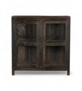 A vintage teak wood glass display side cabinet with a black brown finish.