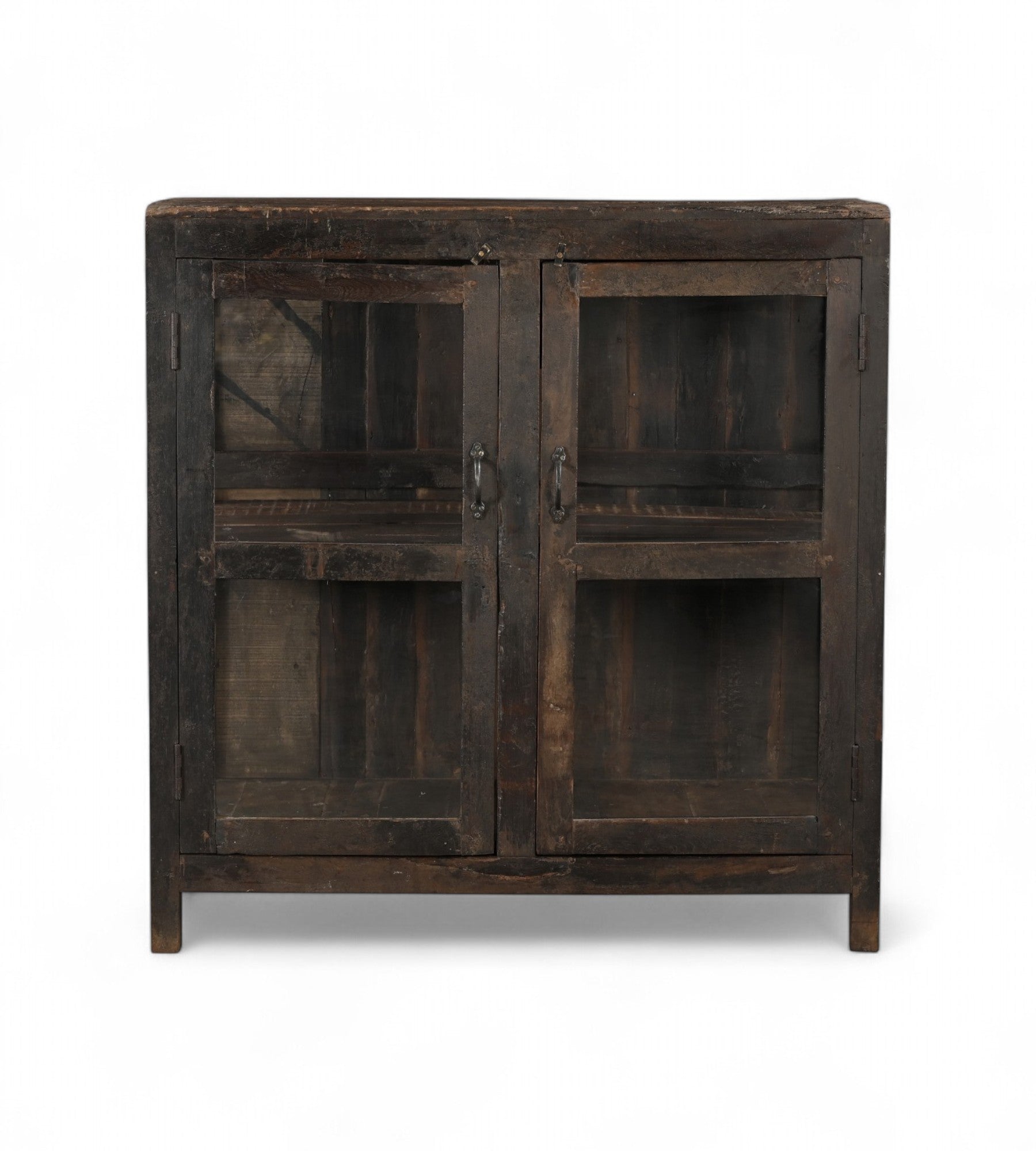 A vintage teak wood glass display side cabinet with a black brown finish.