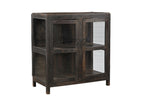 A vintage teak wood glass display side cabinet with a black brown finish.