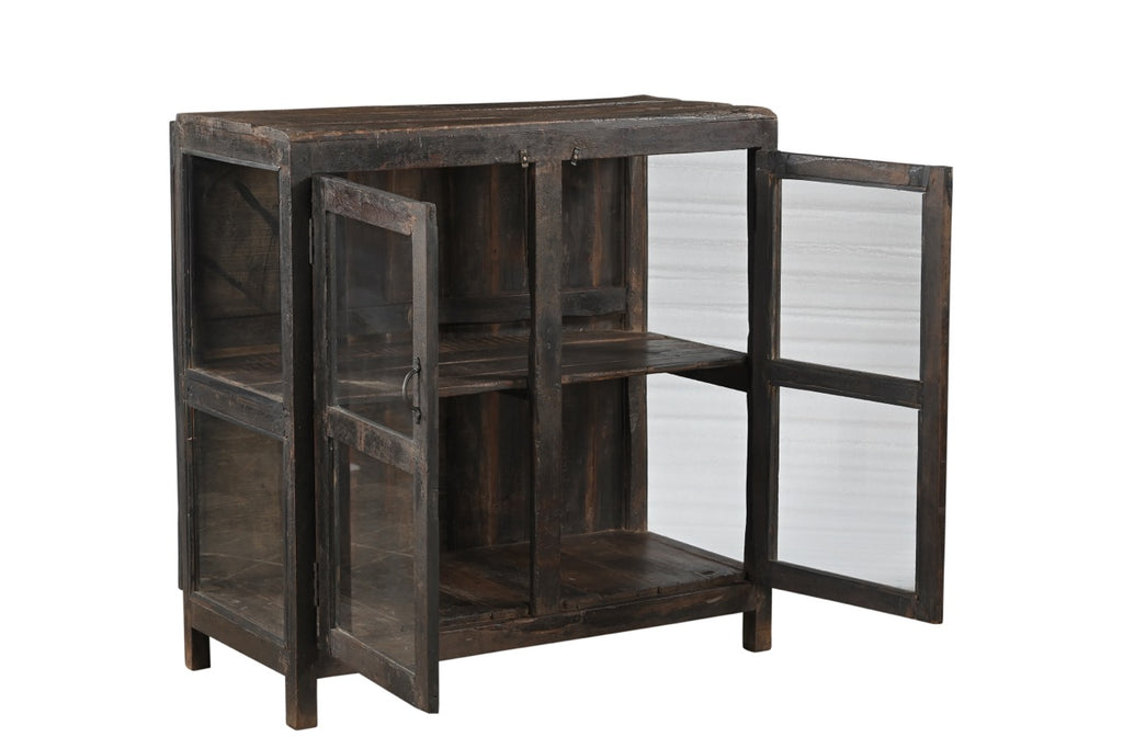 A vintage teak wood glass display side cabinet with a black brown finish.