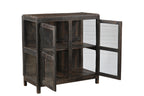 A vintage teak wood glass display side cabinet with a black brown finish.