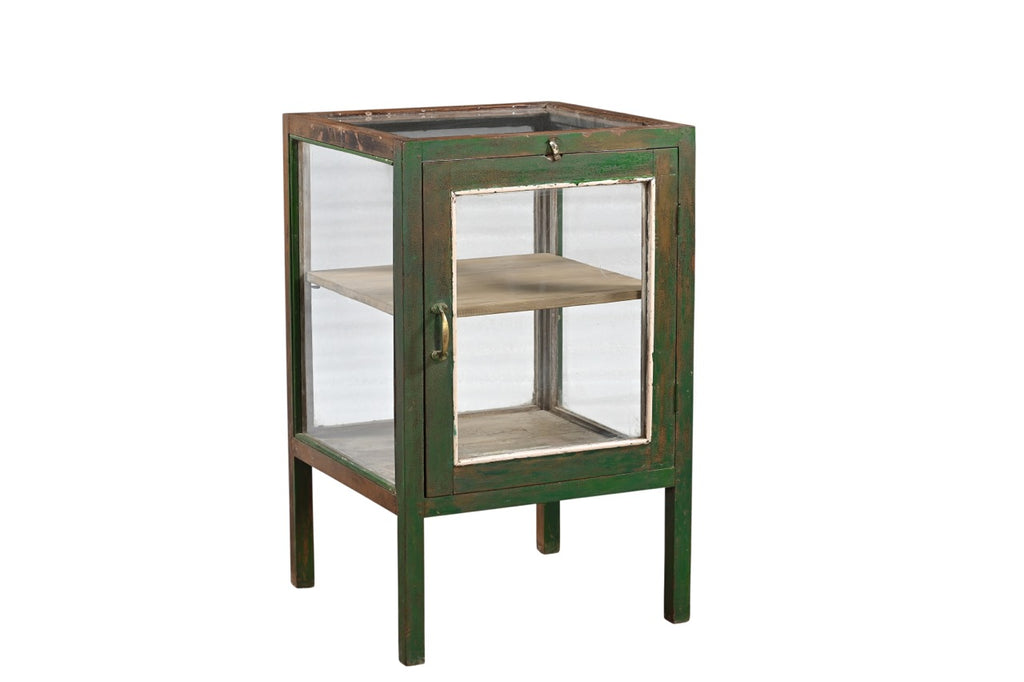Vintage Indian teak wood cabinet with glass panels and green weathered patina finish, featuring brass hardware.