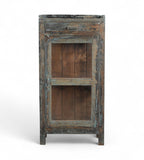 Vintage teak wood glass cabinet with a hand crafted frame and multi color aged hand paint finish. 