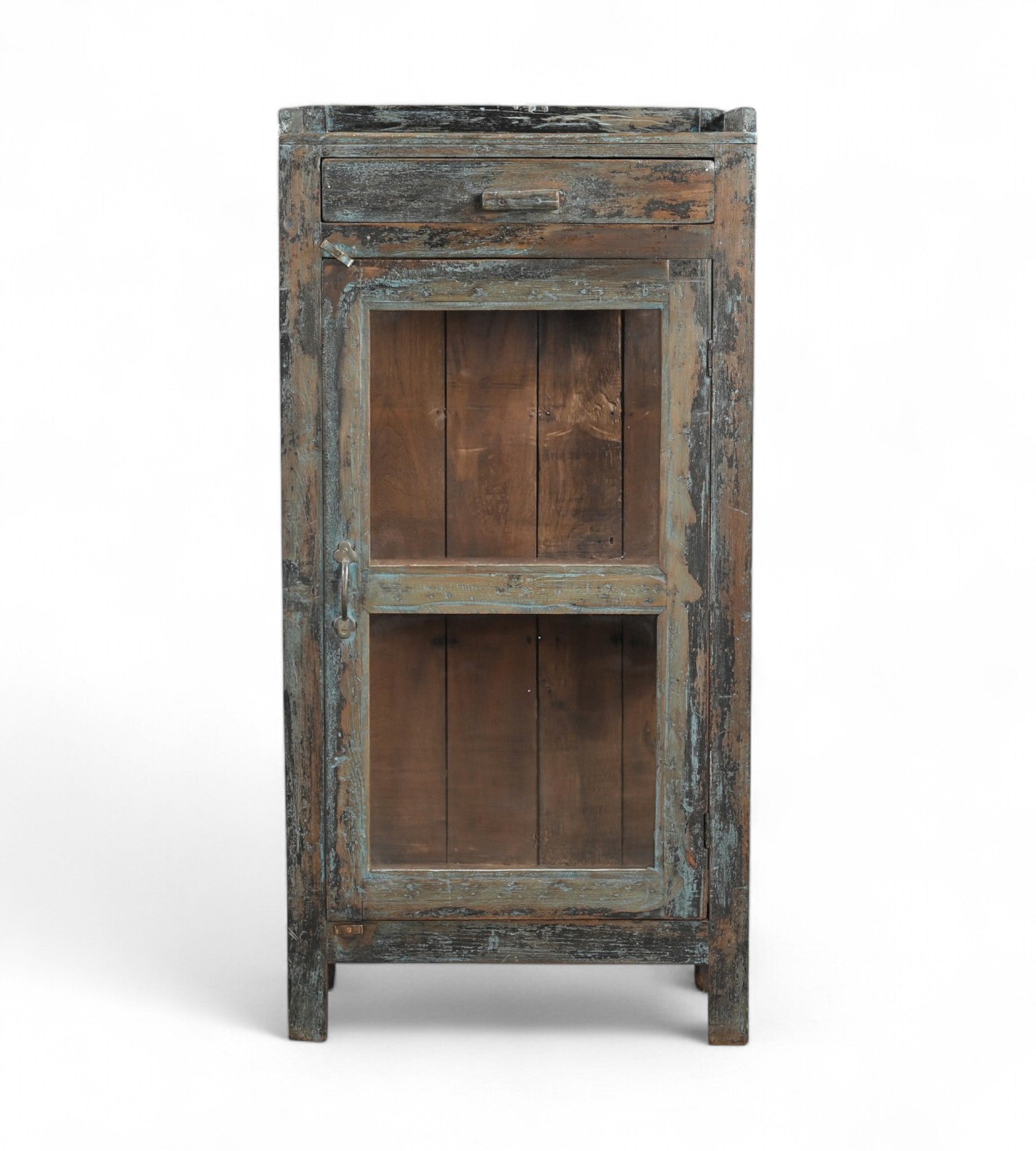 Vintage teak wood glass cabinet with a hand crafted frame and multi color aged hand paint finish. 