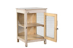 A vintage teak wood side cabinet in a white finish with a glass panel on the door, and one internal shelf.
