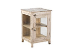 A vintage teak wood side cabinet in a white finish with a glass panel on the door, and one internal shelf.
