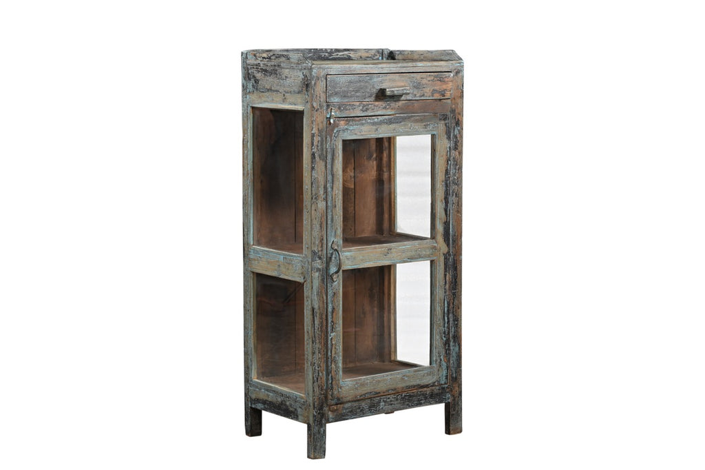 Vintage teak wood glass cabinet with a hand crafted frame and multi color aged hand paint finish. 