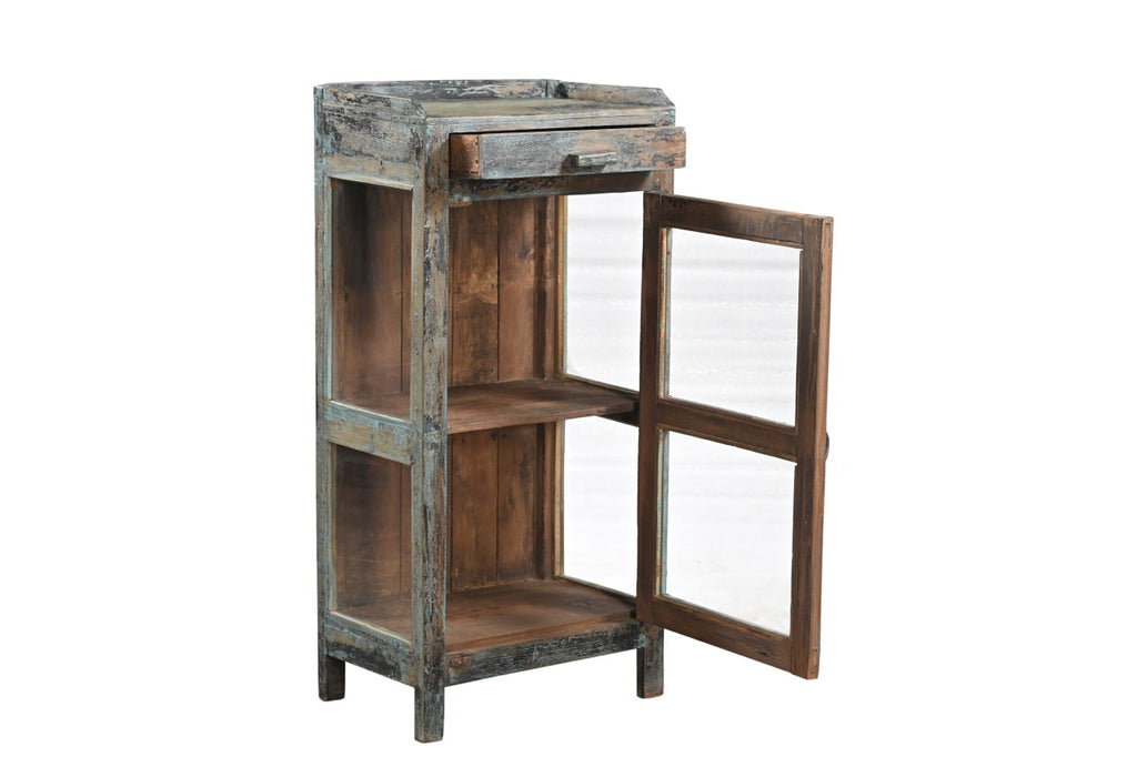 Vintage teak wood glass cabinet with a hand crafted frame and multi color aged hand paint finish. 