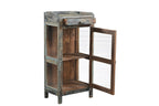 Vintage teak wood glass cabinet with a hand crafted frame and multi color aged hand paint finish. 