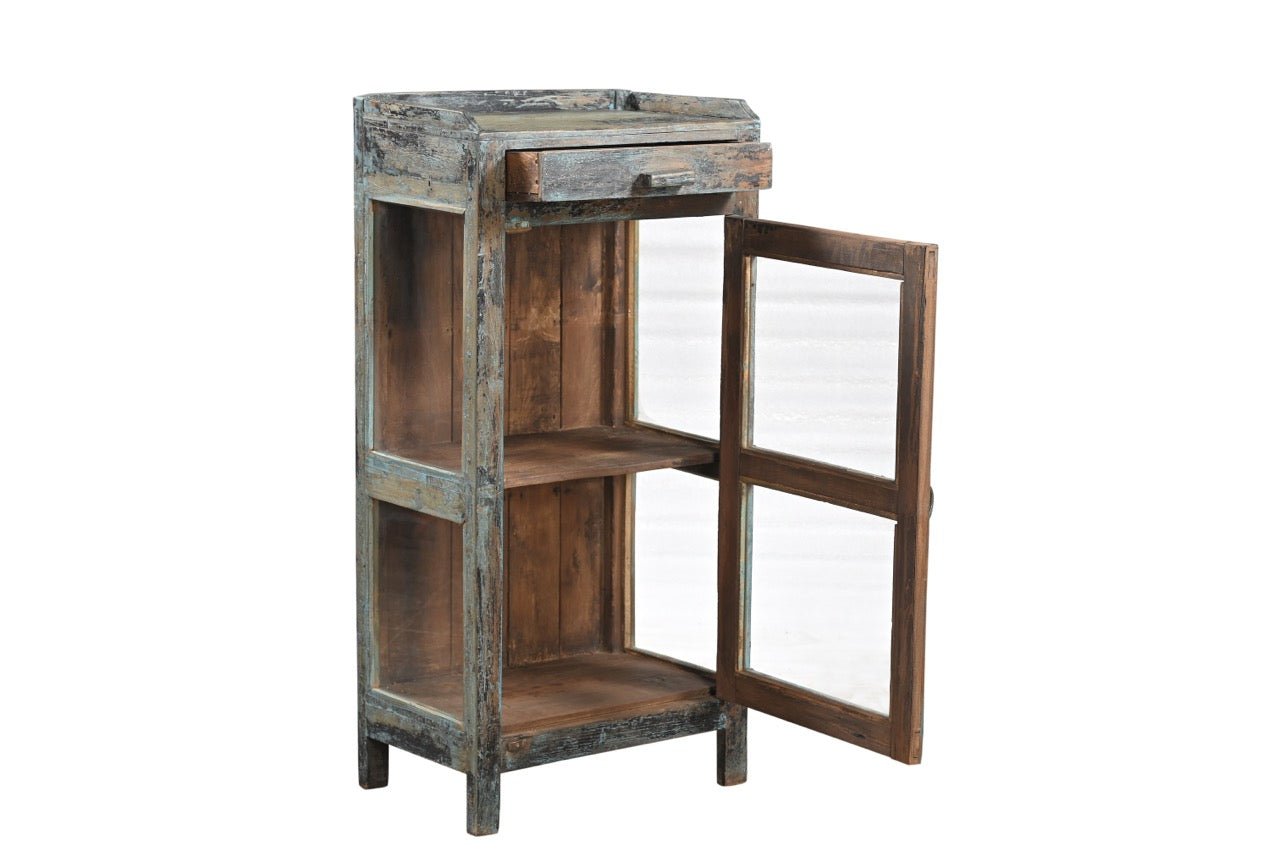 Vintage teak wood glass cabinet with a hand crafted frame and multi color aged hand paint finish. 