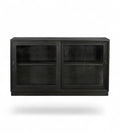 A vintage teak wood kitchen wall cabinet with two sliding glass doors and a fixed shelf inside, designed for storage.