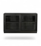 A vintage teak wood kitchen wall cabinet with two sliding glass doors and a fixed shelf inside, designed for storage.