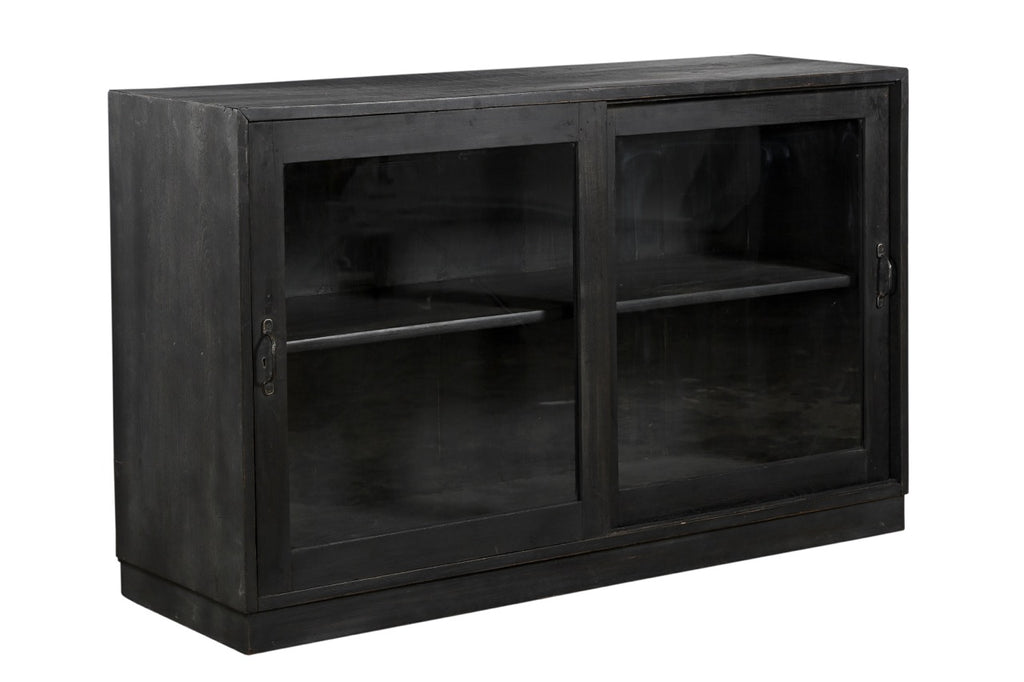 A vintage teak wood kitchen wall cabinet with two sliding glass doors and a fixed shelf inside, designed for storage.