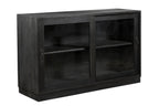 A vintage teak wood kitchen wall cabinet with two sliding glass doors and a fixed shelf inside, designed for storage.