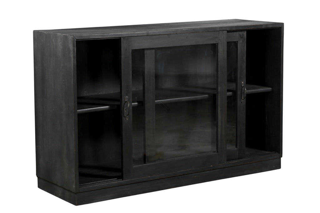 A vintage teak wood kitchen wall cabinet with two sliding glass doors and a fixed shelf inside, designed for storage.