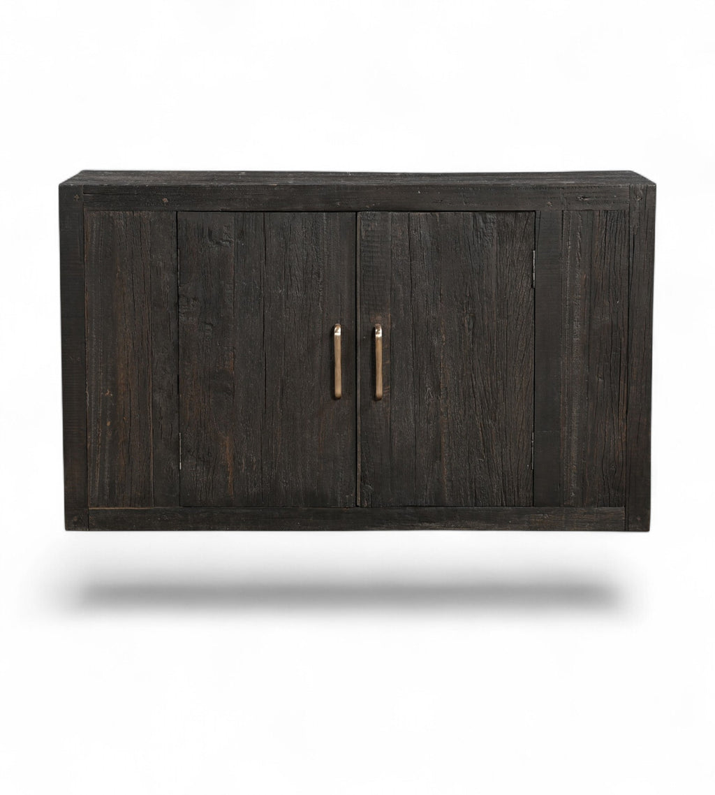 A vintage black teak and wood cabinet with brass handles.