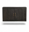 A vintage black teak and wood cabinet with brass handles.
