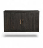 A vintage black teak and wood cabinet with brass handles.