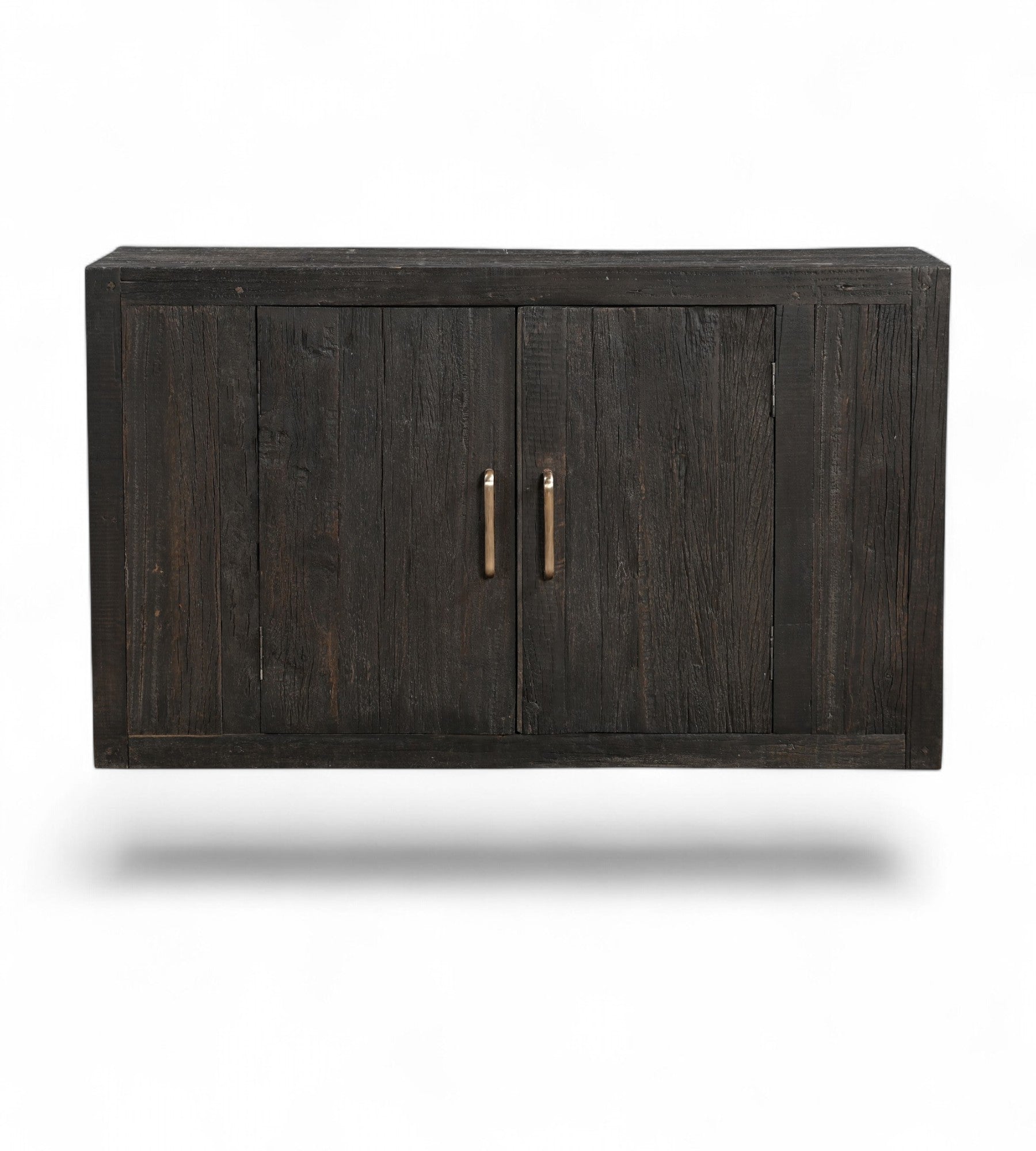 A vintage black teak and wood cabinet with brass handles.