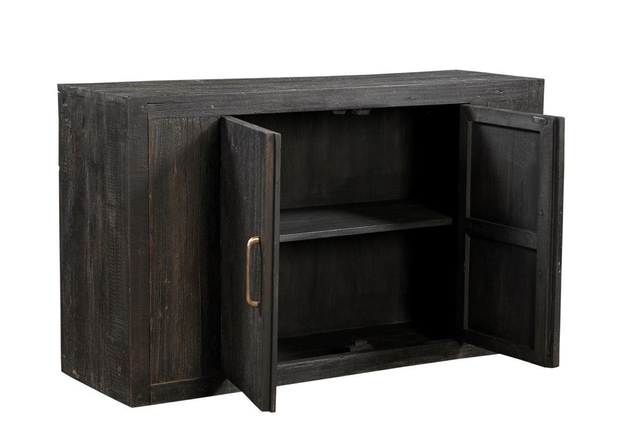 A vintage black teak mango wood cabinet with brass handles.