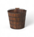 A vintage teak wooden bucket planter with iron bands and a handle,