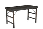 A vintage folding table made of solid teak wood with a dark finish, featuring a foldable design.