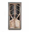 A vintage teak and reclaimed wood glass cabinet with a graphic door design and raw patina.