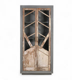 A vintage teak and reclaimed wood glass cabinet with a graphic door design and raw patina.