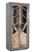 A vintage teak and reclaimed wood glass cabinet with a graphic door design and raw patina.