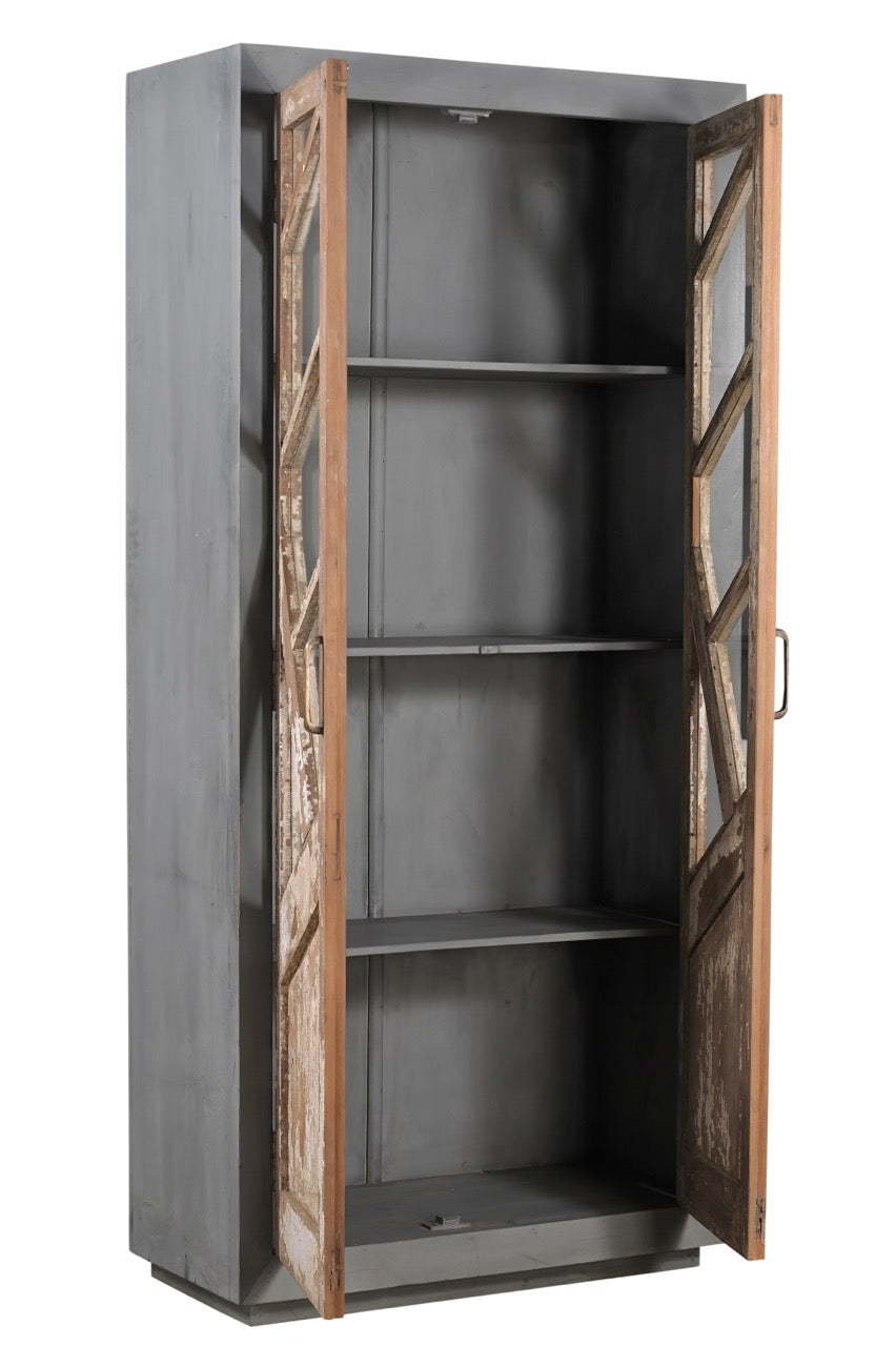 A vintage teak and reclaimed wood glass cabinet with a graphic door design and raw patina.