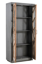 A vintage teak and reclaimed wood glass cabinet with a graphic door design and raw patina.
