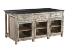 A vintage teak wood kitchen cabinet / kitchen island with glass panels on the cupboards, featuring a dark wood tabletop and an aged green and white patina finish.