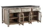 A vintage teak wood kitchen cabinet / kitchen island with glass panels on the cupboards, featuring a dark wood tabletop and an aged green and white patina finish.