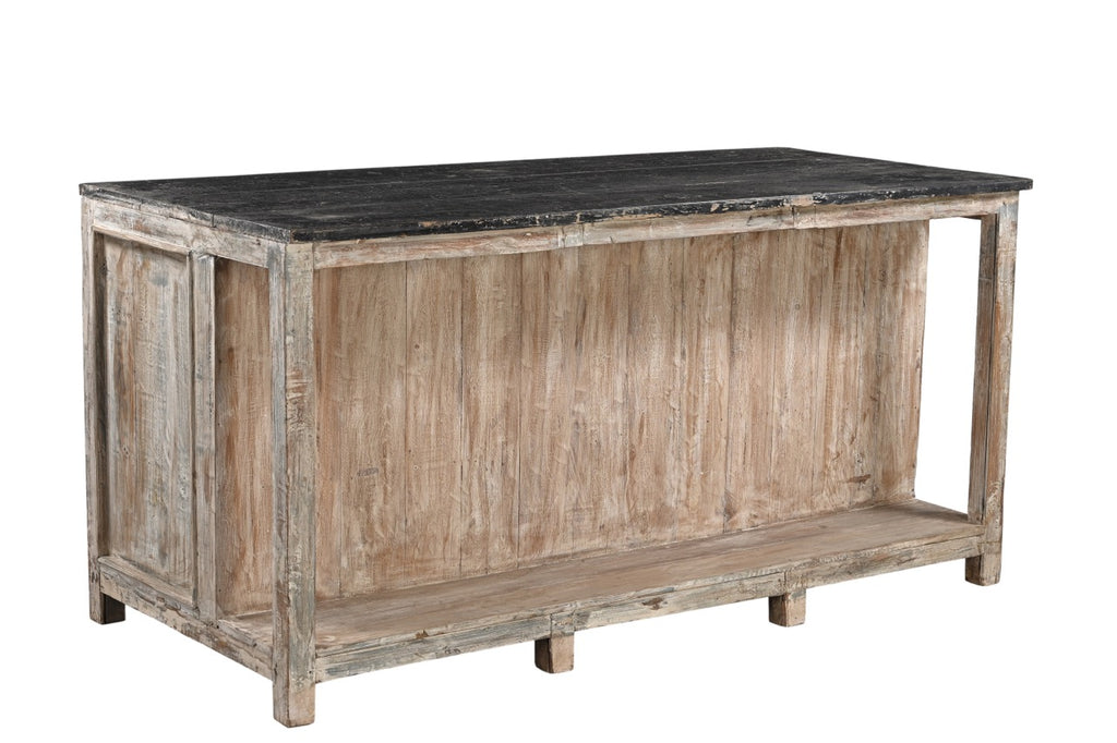 A vintage teak wood kitchen cabinet / kitchen island with glass panels on the cupboards, featuring a dark wood tabletop and an aged green and white patina finish.