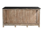 A vintage teak wood kitchen cabinet / kitchen island with glass panels on the cupboards, featuring a dark wood tabletop and an aged green and white patina finish.