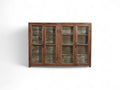 A vintage teak and recycled wood glass cabinet with a teal-grey finish on the back and sides.