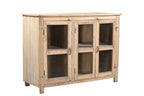 A vintage teak and recycled wood glass cabinet with a warm honey tone finish and three glass doors.