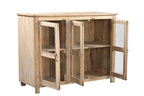A vintage teak and recycled wood glass cabinet with a warm honey tone finish and three glass doors.
