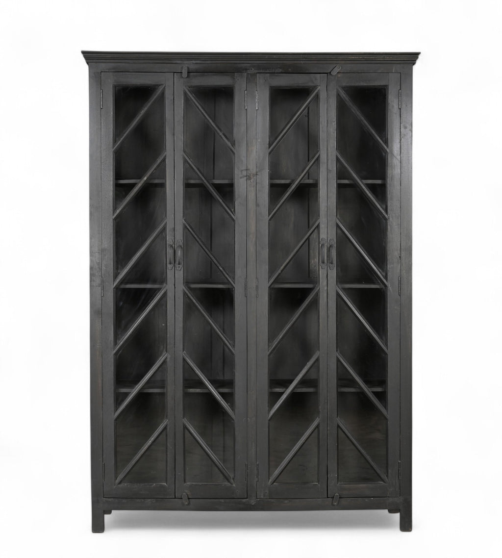 A black teak wood and glass display cabinet with four panelled doors and a geometric lattice pattern.