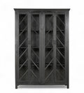 A black teak wood and glass display cabinet with four panelled doors and a geometric lattice pattern.