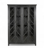 A black teak wood and glass display cabinet with four panelled doors and a geometric lattice pattern.