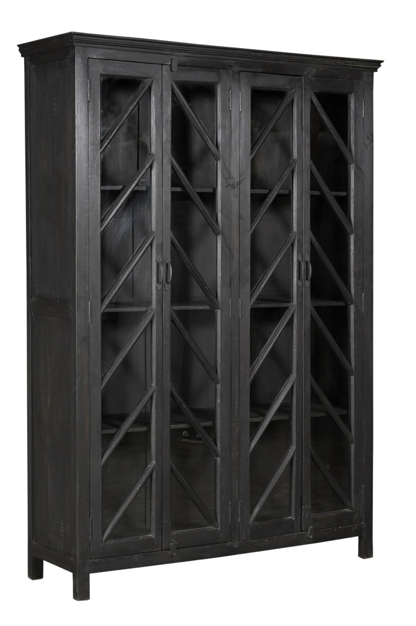 A black teak wood and glass display cabinet with four panelled doors and a geometric lattice pattern.